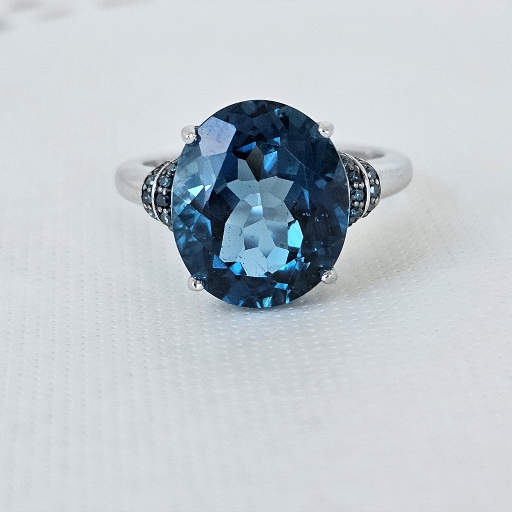 Natural 8.26 Carat London Blue Topaz & Blue Diamond Ring Sterling Silver Sz 7.5! - Picture 2 of 13